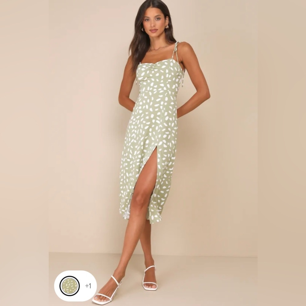 Party in Paris Sage Green Print Tie-Strap Midi Dress